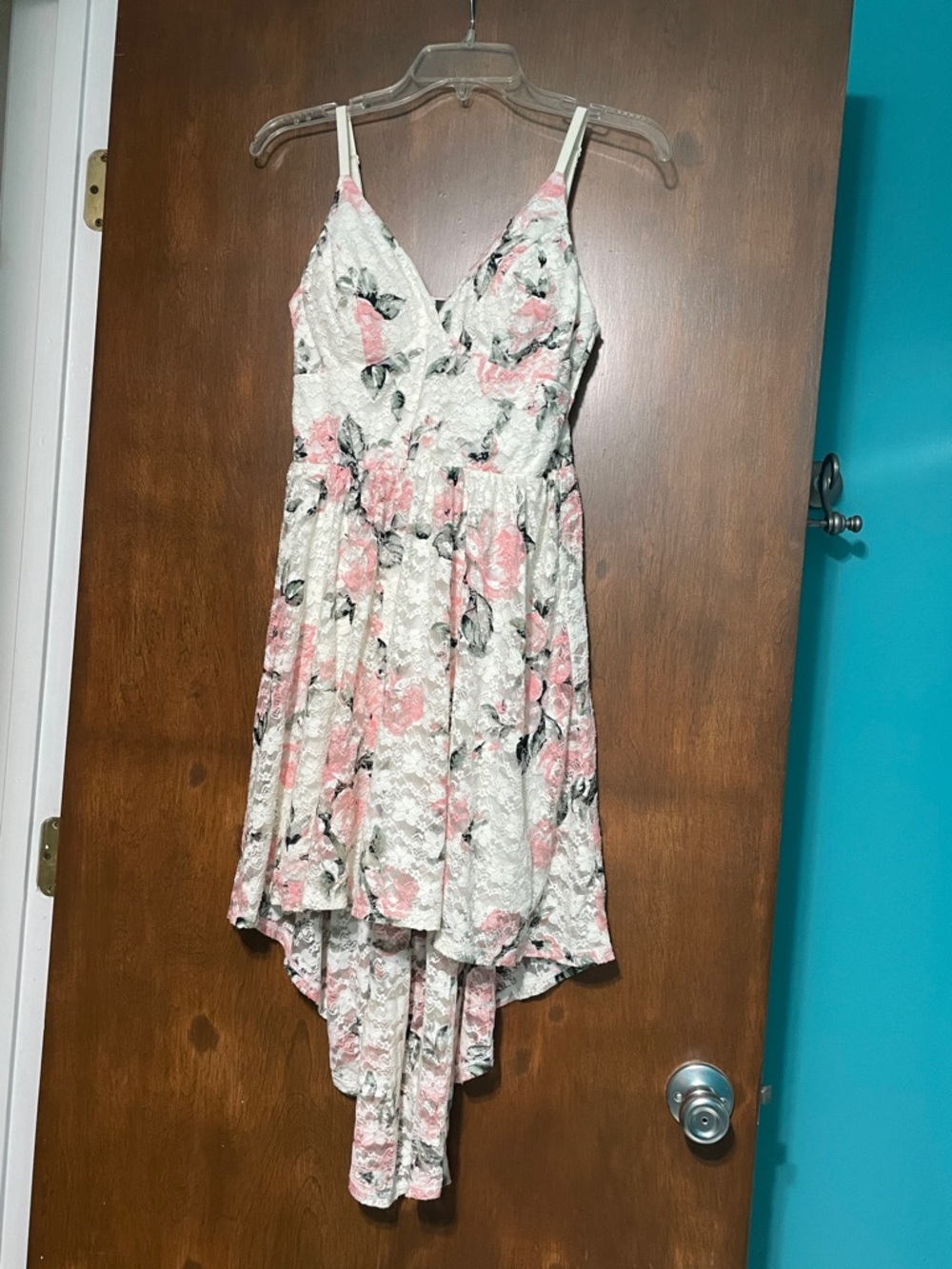 Lily Rose Cream Lace High-Low Dress with Pink Floral Pattern